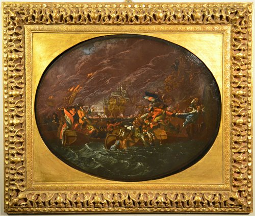 Dipinto su rame 'Scontro navale notturno tra Inglesi ed Olandesi'
