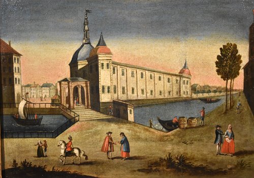 Coppia di vedute di Rotterdam: Il palazzo della Borsa/ Veduta del fiume Mosa con l’antico porto