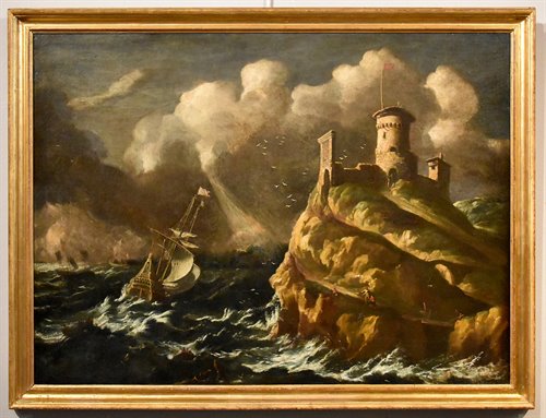 Marina in burrasca con veliero e fortilizio arroccato