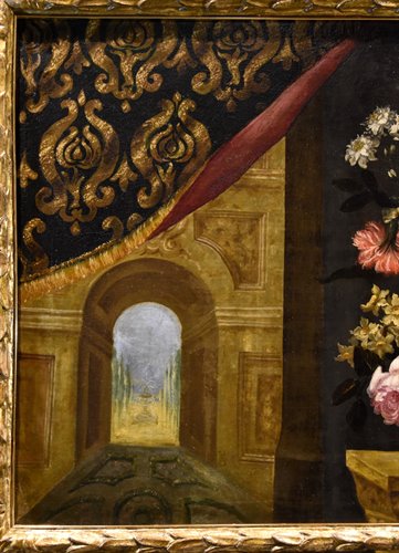 Natura morta di fiori con scorcio architettonico e giardini