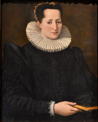 Ritratto di nobildonna, a mezzo busto, con libro in mano