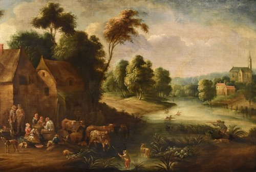 Paesaggio fluviale con villaggio