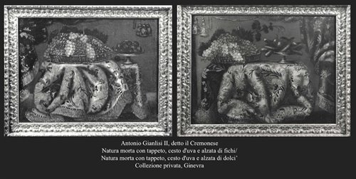 Natura morta con tappeto, cesto d'uva e alzata di fichi