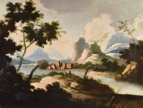 Coppia di paesaggi arcadici con figure