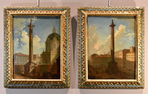 Coppia di vedute di Roma con la la Colonna Traiana e la Colonna Antonina