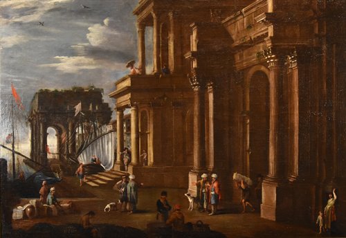 Veduta fantastica con porto e capriccio architettonico