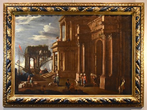 Veduta fantastica con porto e capriccio architettonico