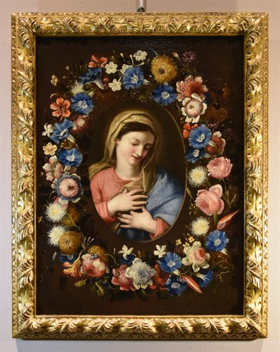 Ghirlanda fiorita con ritratto della Vergine