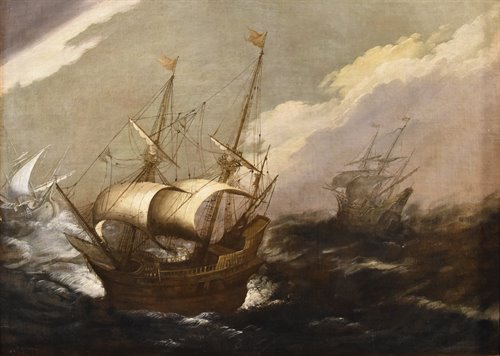 Marina in tempesta con vascelli