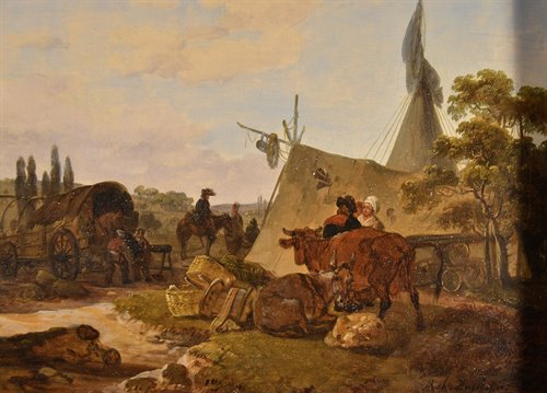 Paesaggi con cavalieri e tenda da campo