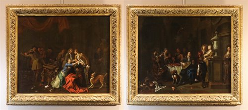 Coppia di interni con scende di genere 'Banchetto' e 'Rissa'