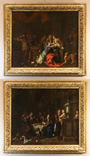 Coppia di interni con scende di genere 'Banchetto' e 'Rissa'