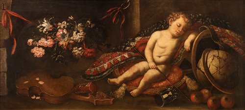 Vanitas con putto dormiente su un tappeto, fiori, violino, globo terrestre, clessidre e melograni