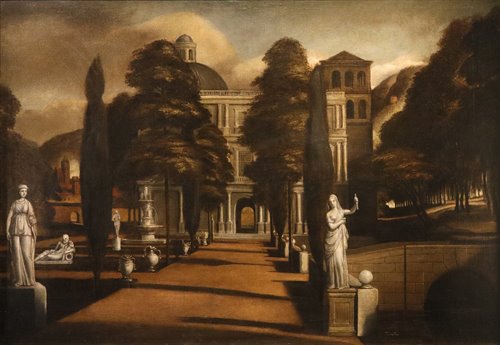 Veduta di una villa con giardino all'italiana