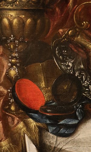 Natura morta Vanitas con oggetti preziosi, strumenti musicali e disegni