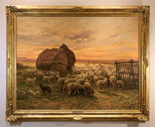 Paesaggio al tramonto con gregge al pascolo