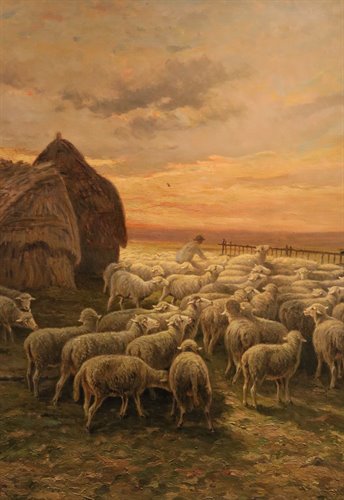 Paesaggio al tramonto con gregge al pascolo