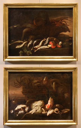Coppia di nature morte con pesci e crostacei