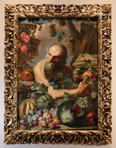 Ritratto del filosofo greco Diogene con composizione di frutta e fiori