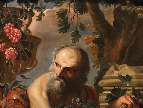 Ritratto del filosofo greco Diogene con composizione di frutta e fiori