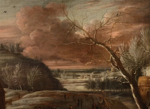 Paesaggio invernale con lago ghiacciato e pattinatori