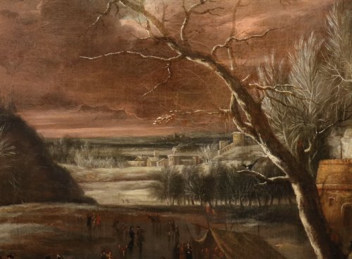 Paesaggio invernale con lago ghiacciato e pattinatori