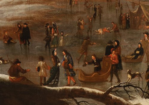 Paesaggio invernale con lago ghiacciato e pattinatori