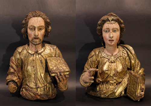 Coppia sculture lignee: San Giovanni Evangelista e Santa Caterina d’Alessandria