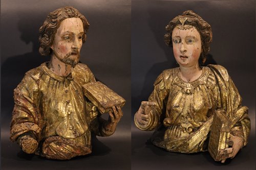 Coppia sculture lignee: San Giovanni Evangelista e Santa Caterina d’Alessandria