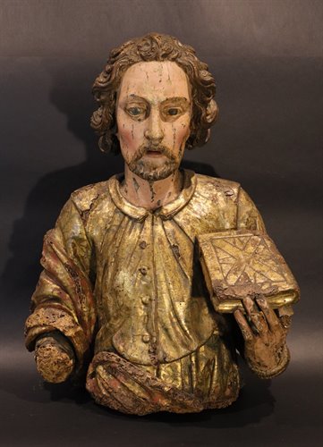 Coppia sculture lignee: San Giovanni Evangelista e Santa Caterina d’Alessandria