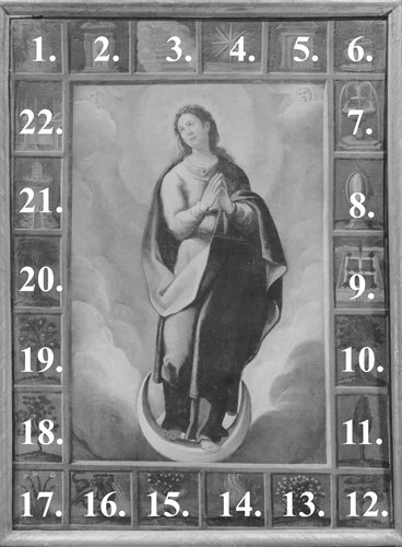Vergine Immacolata con simboli delle Litanie Lauretane