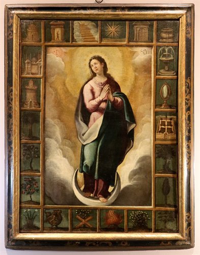 Vergine Immacolata con simboli delle Litanie Lauretane