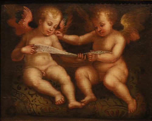 Coppia di dipinti Angeli con cartiglio/ Angeli con libro