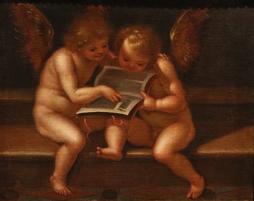 Coppia di dipinti Angeli con cartiglio/ Angeli con libro