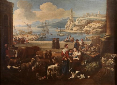 Veduta fantastica di un porto mediterraneo con scena di mercato